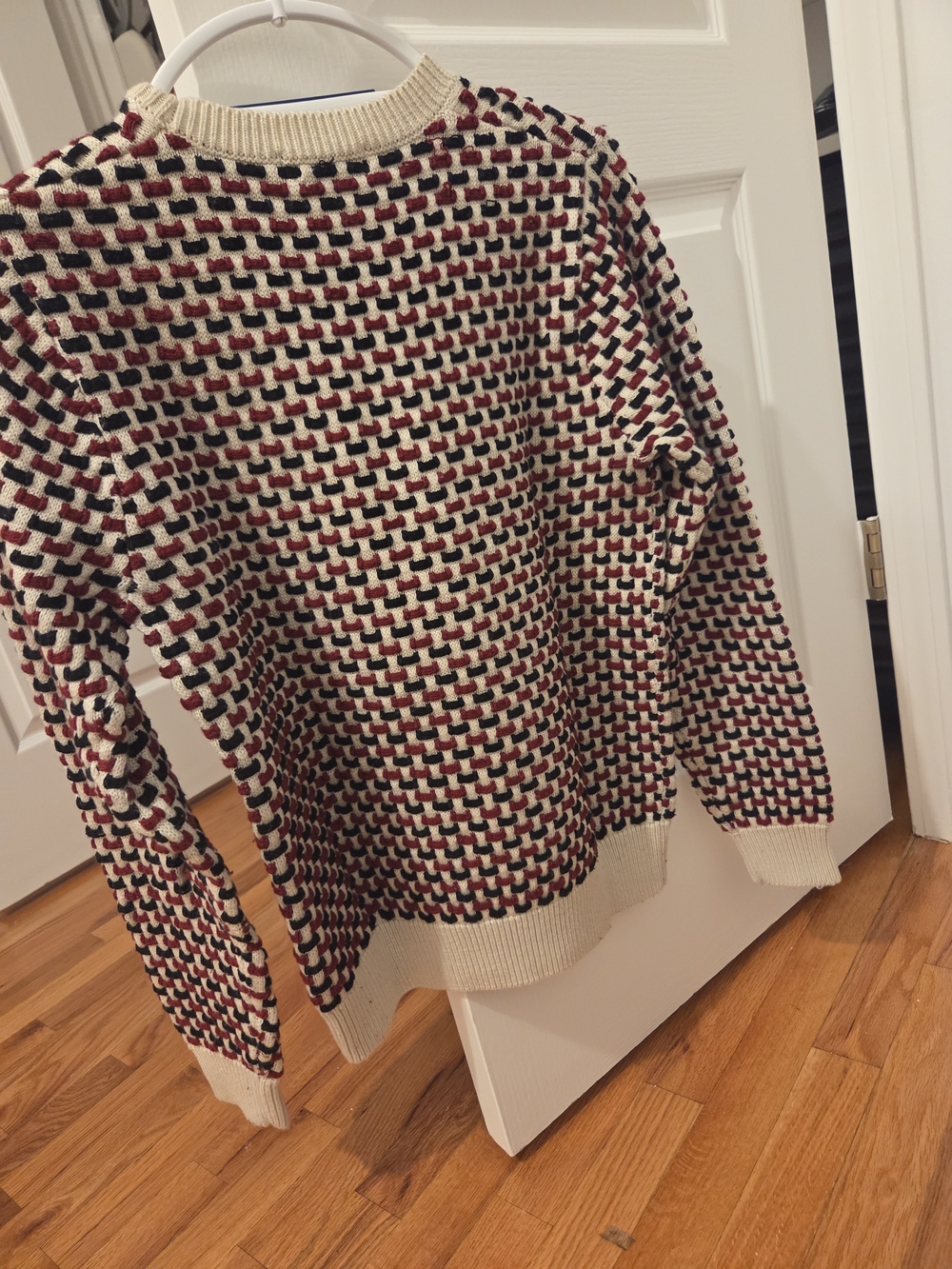 Cream and Burgundy Patterned Knit Sweater - Women's Crewneck